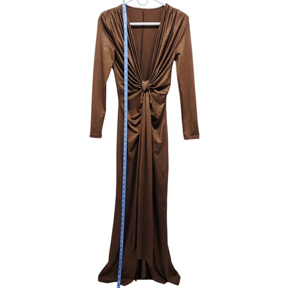 Brown Long-Sleeve Ruched Knot Front Maxi Dress Glitter Accents Deep V Neck SZ M - Picture 9 of 10